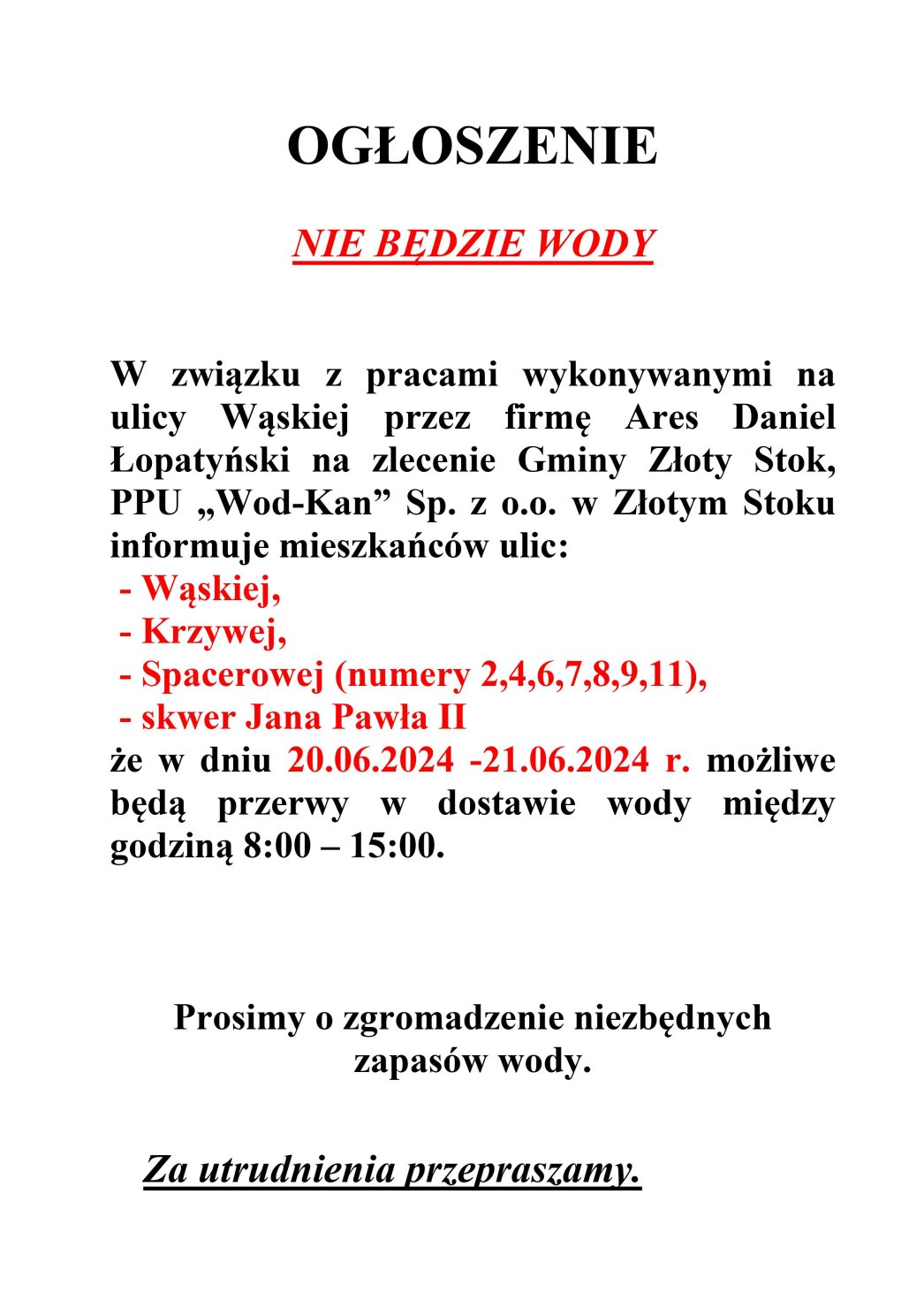 Ogłoszenie o przerwach w dostawie wody