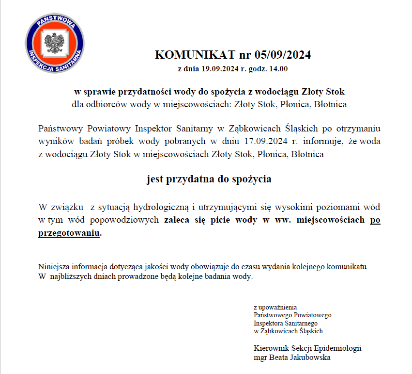 Komunikat w sprawie przydatności wody do spożycia z wodociągu Złoty Stok