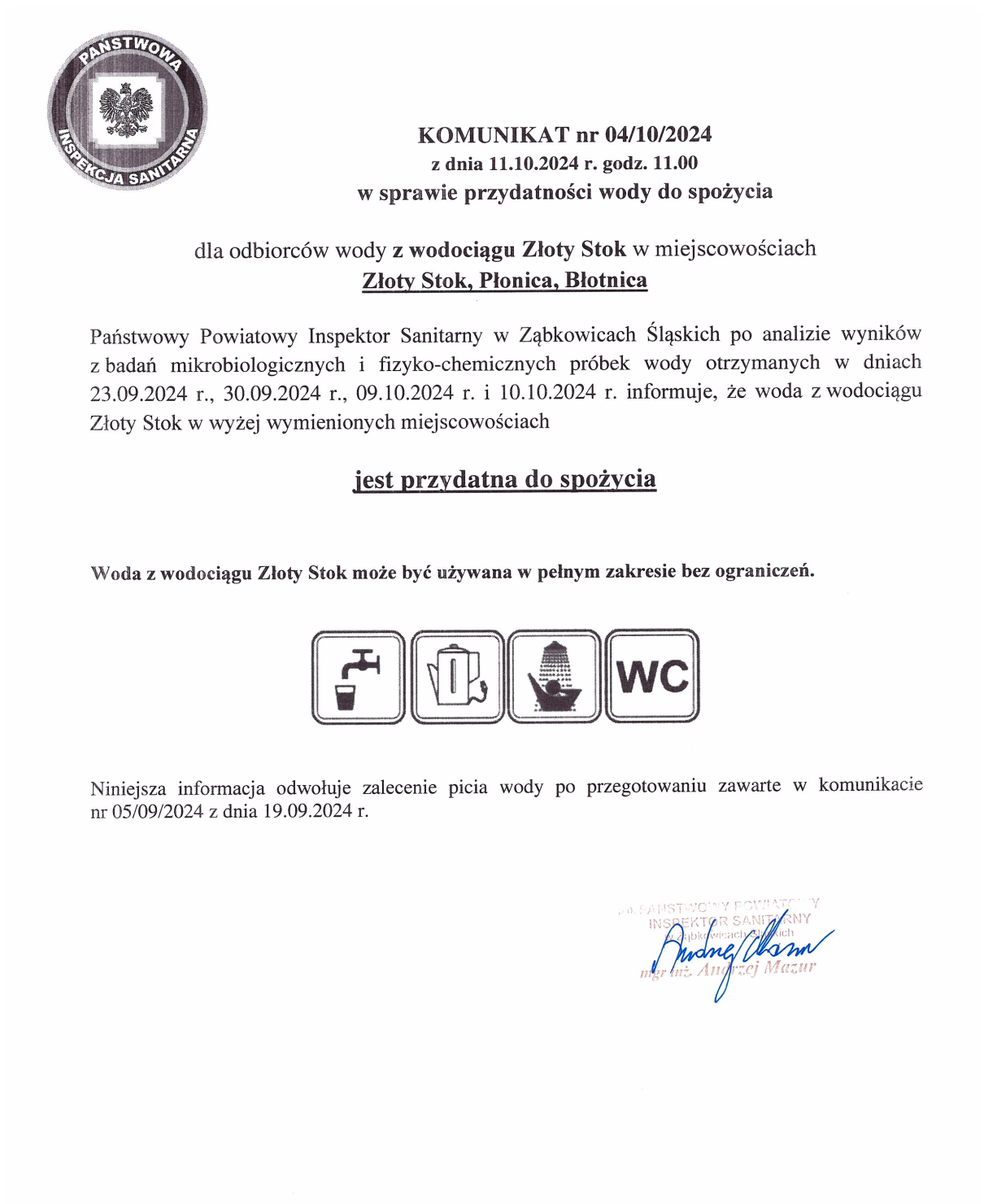 Ocena jakości wody - Złoty Stok, Płonica, Błotnica