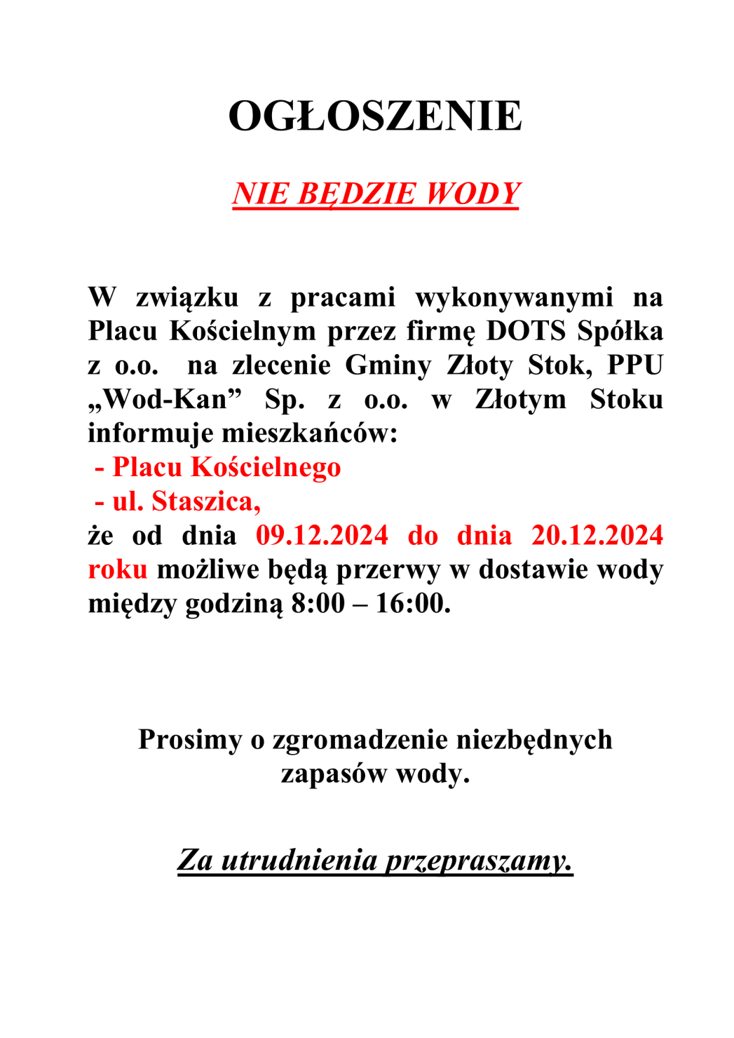 Komunikat o przerwach w dostawie wody