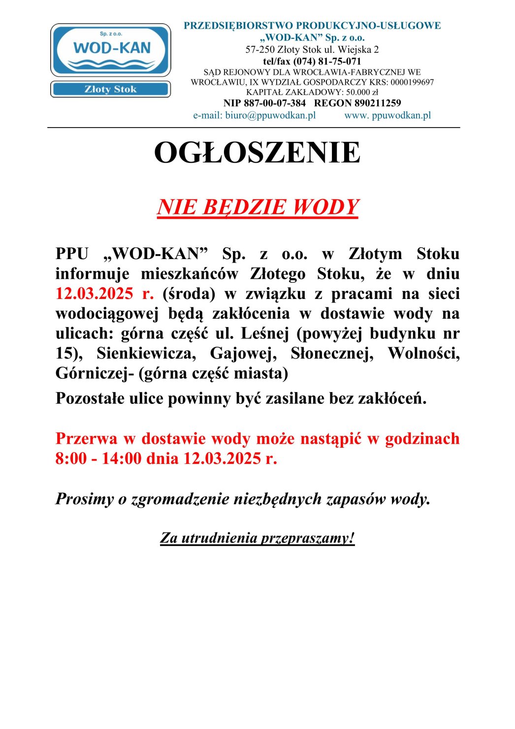 OGŁOSZENIE   NIE BĘDZIE WODY